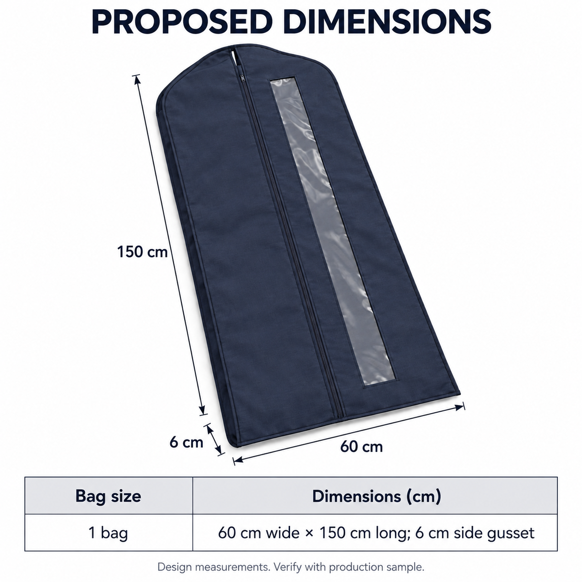 Navy Windowed Garment Cover, Long with proposed dimensions