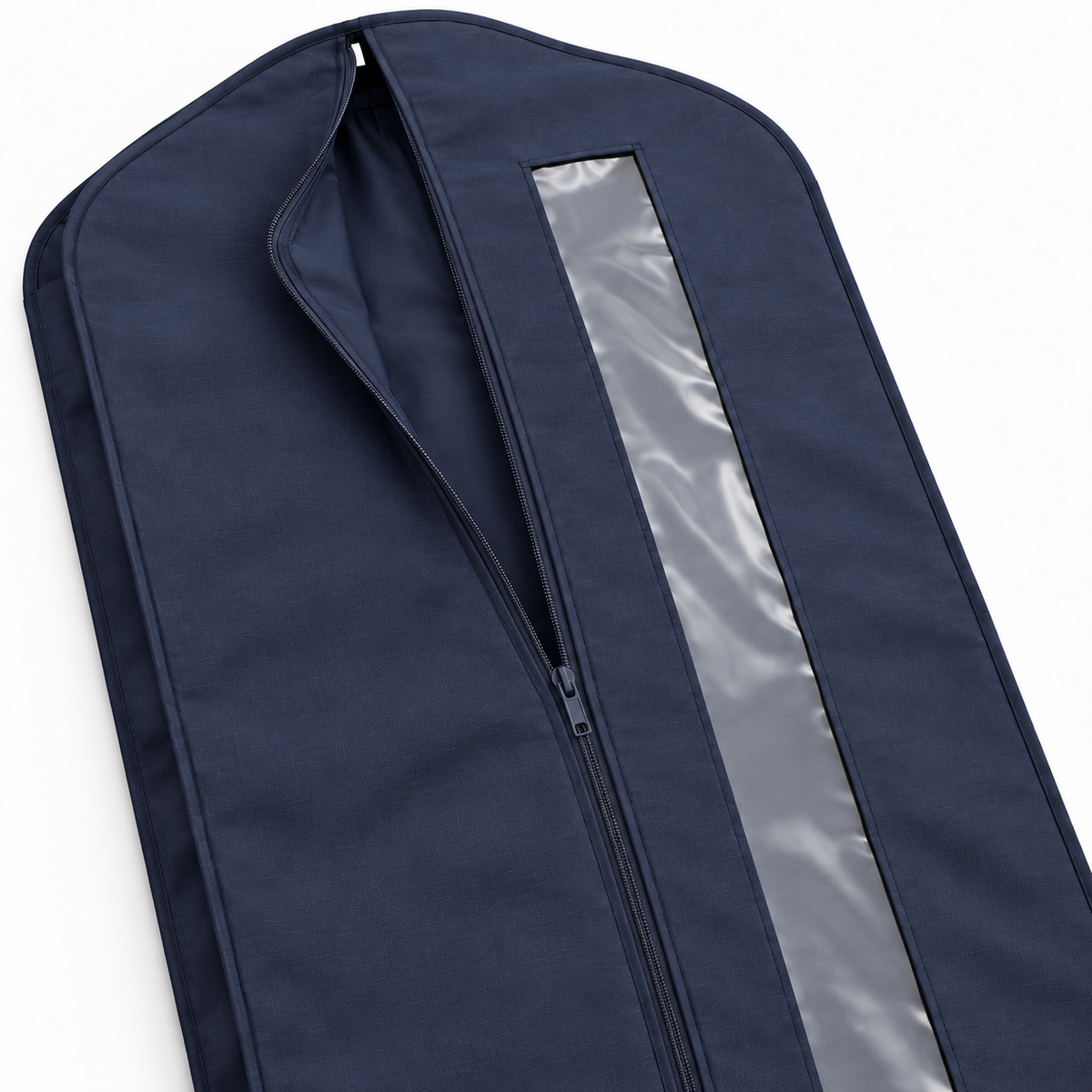 Navy Windowed Garment Cover, Long showing long zipped opening for hanging garments