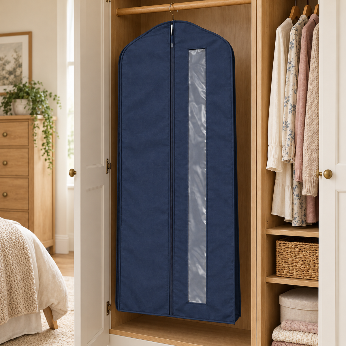 Navy Windowed Garment Cover, Long in a wardrobe setting
