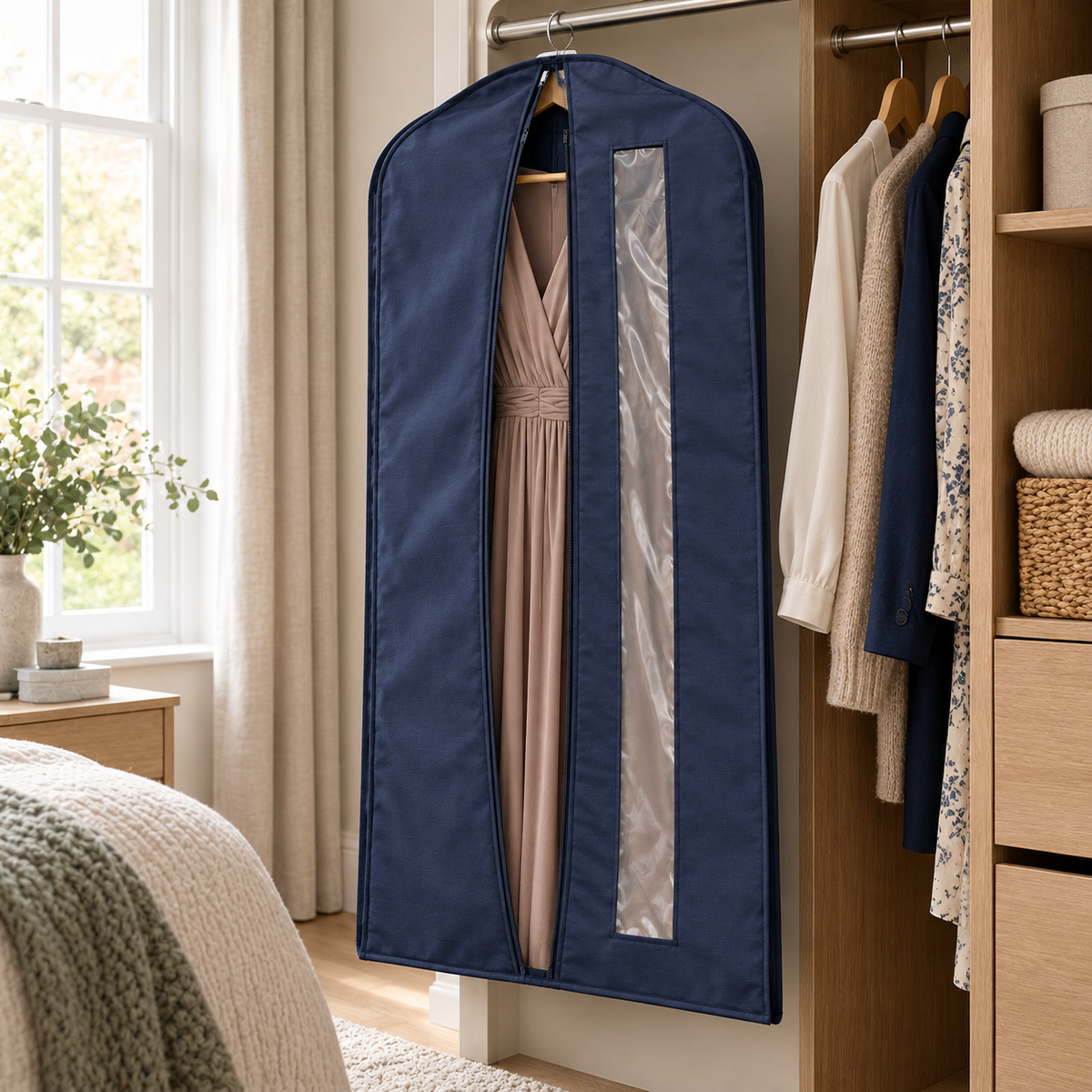 Navy Windowed Garment Cover, Long in a bedroom setting