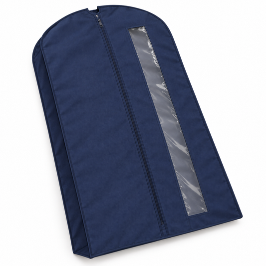 Navy Windowed Garment Cover, Wide Gusset on a white background
