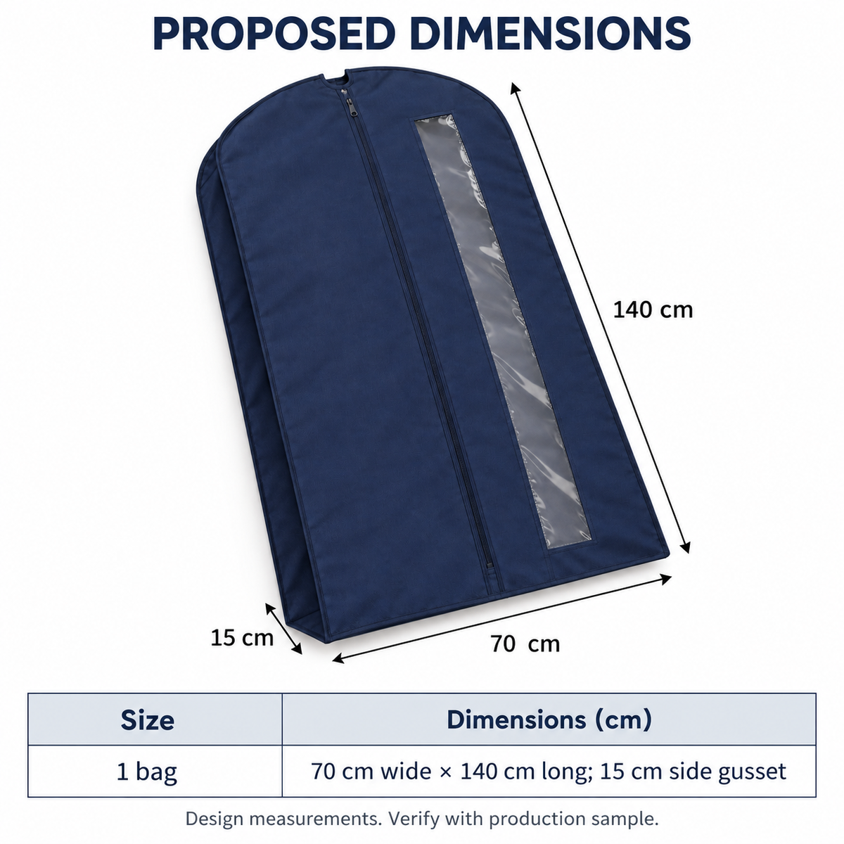 Navy Windowed Garment Cover, Wide Gusset with proposed dimensions