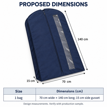 Navy Windowed Garment Cover, Wide Gusset with proposed dimensions