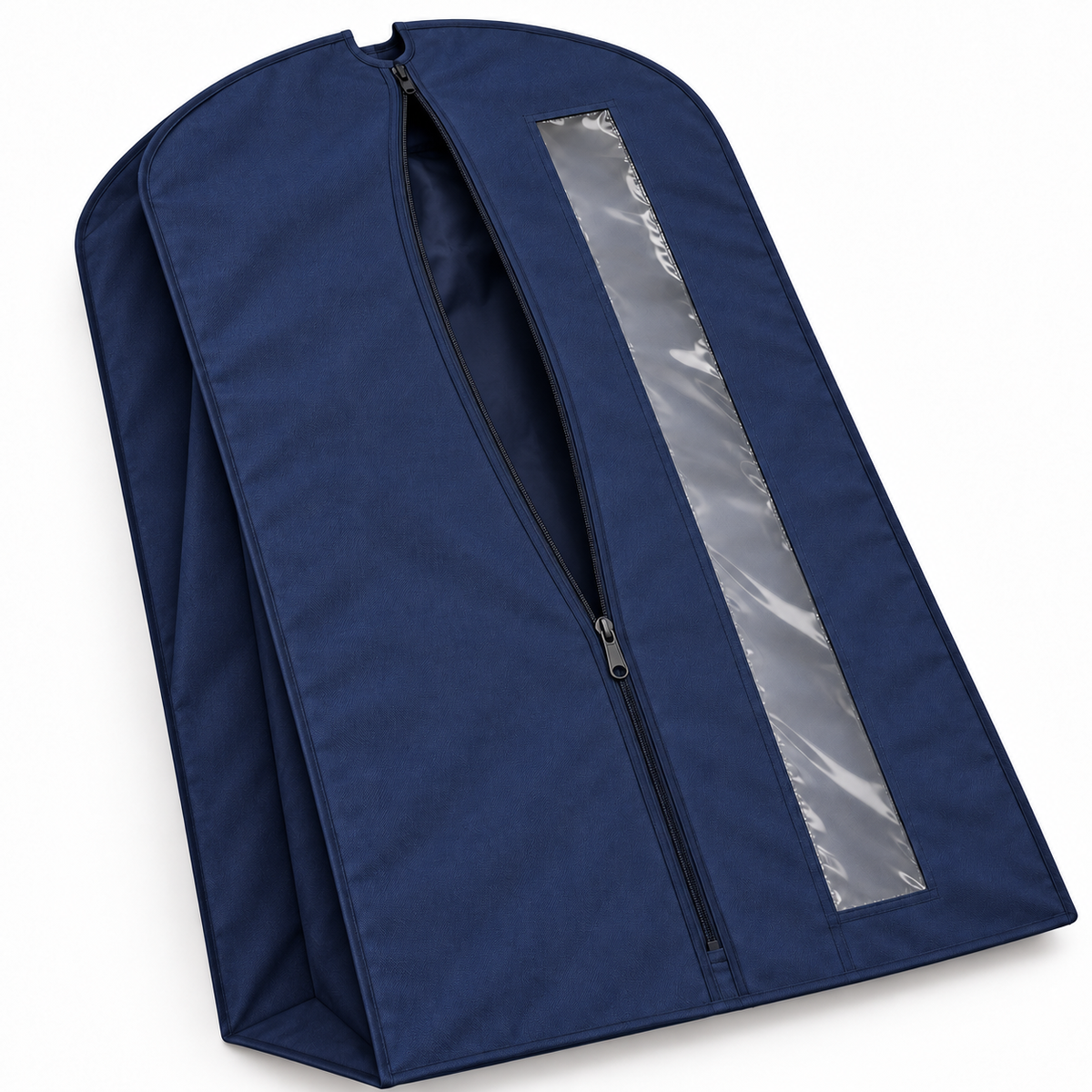 Navy Windowed Garment Cover, Wide Gusset showing expanded side gusset