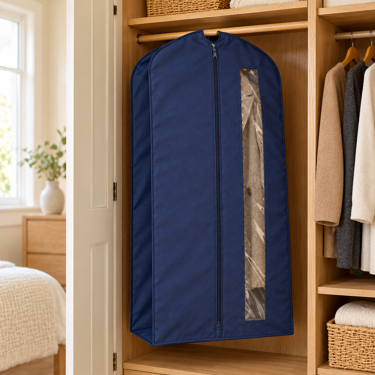 Navy Windowed Garment Cover, Wide Gusset in a wardrobe setting
