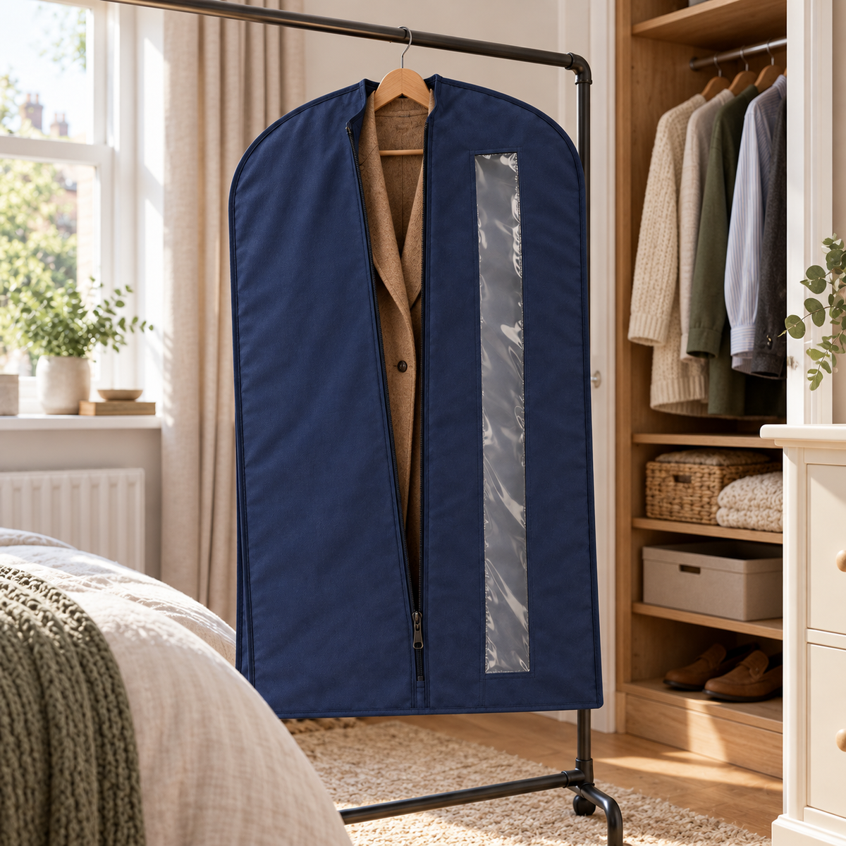 Navy Windowed Garment Cover, Wide Gusset in a bedroom setting