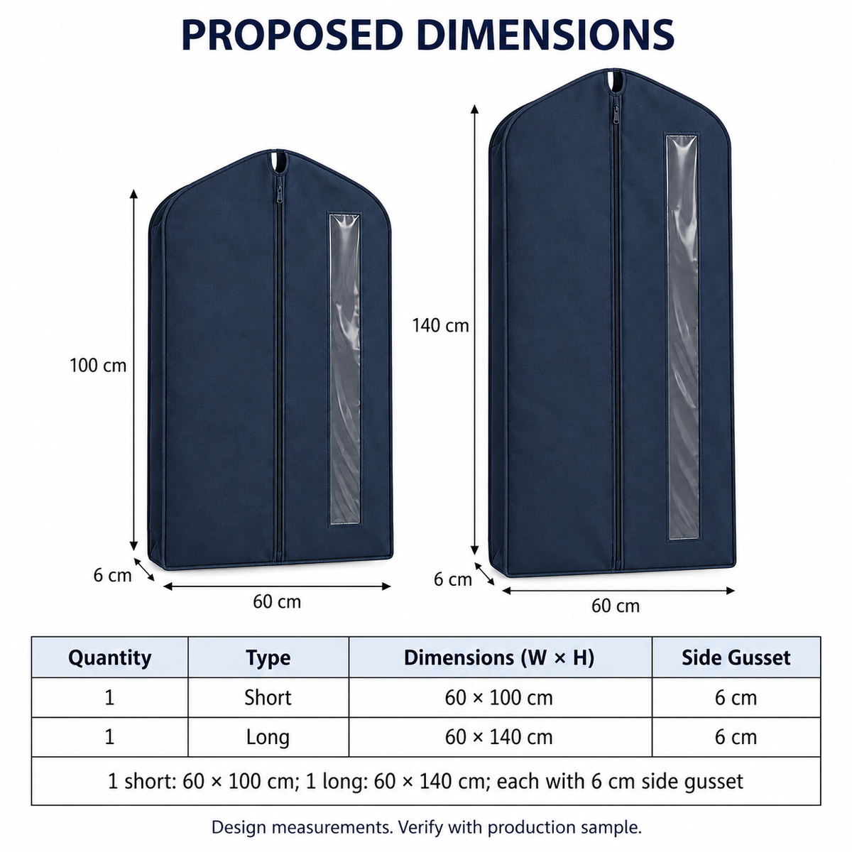 Navy Windowed Garment Covers, Mixed Length 2-Pack with proposed dimensions