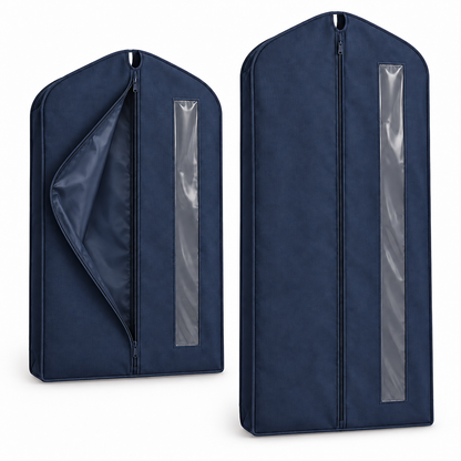 Navy Windowed Garment Covers, Mixed Length 2-Pack showing two separate covers in different lengths