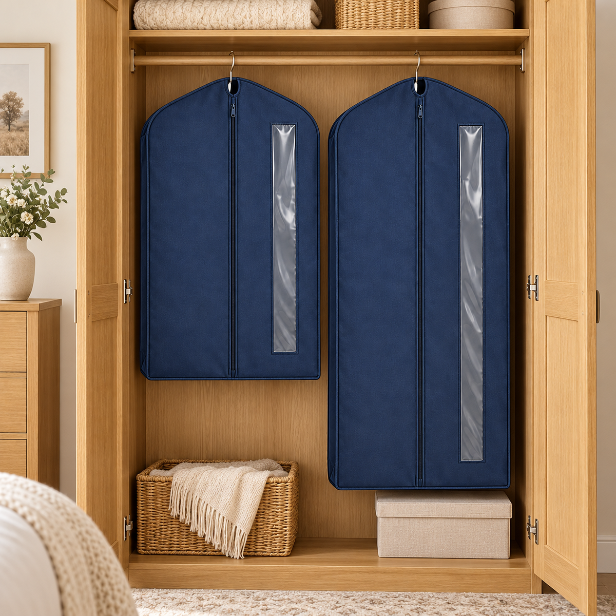Navy Windowed Garment Covers, Mixed Length 2-Pack in a wardrobe setting