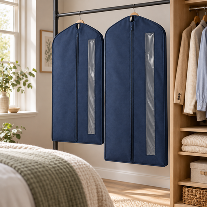 Navy Windowed Garment Covers, Mixed Length 2-Pack in a bedroom setting